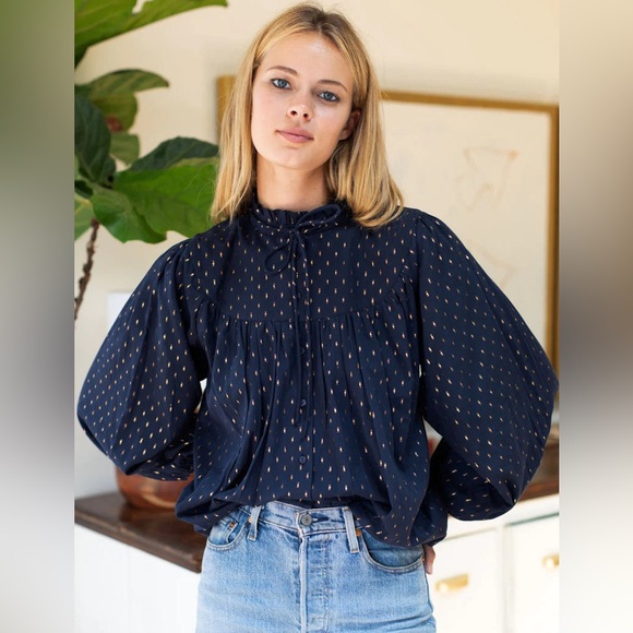 Emerson Fry India Collection Emmaline Top Blue Gold Metallic Blouse Maritime Dot - Picture 2 of 16